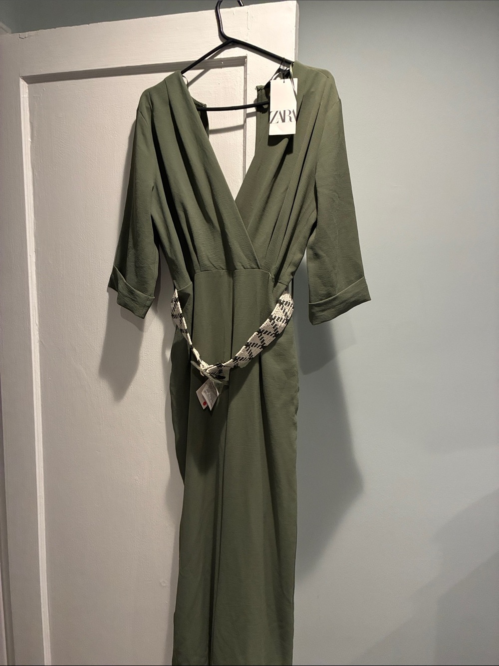 Zara Olive Wrap jumpsuit with Patterned Tie